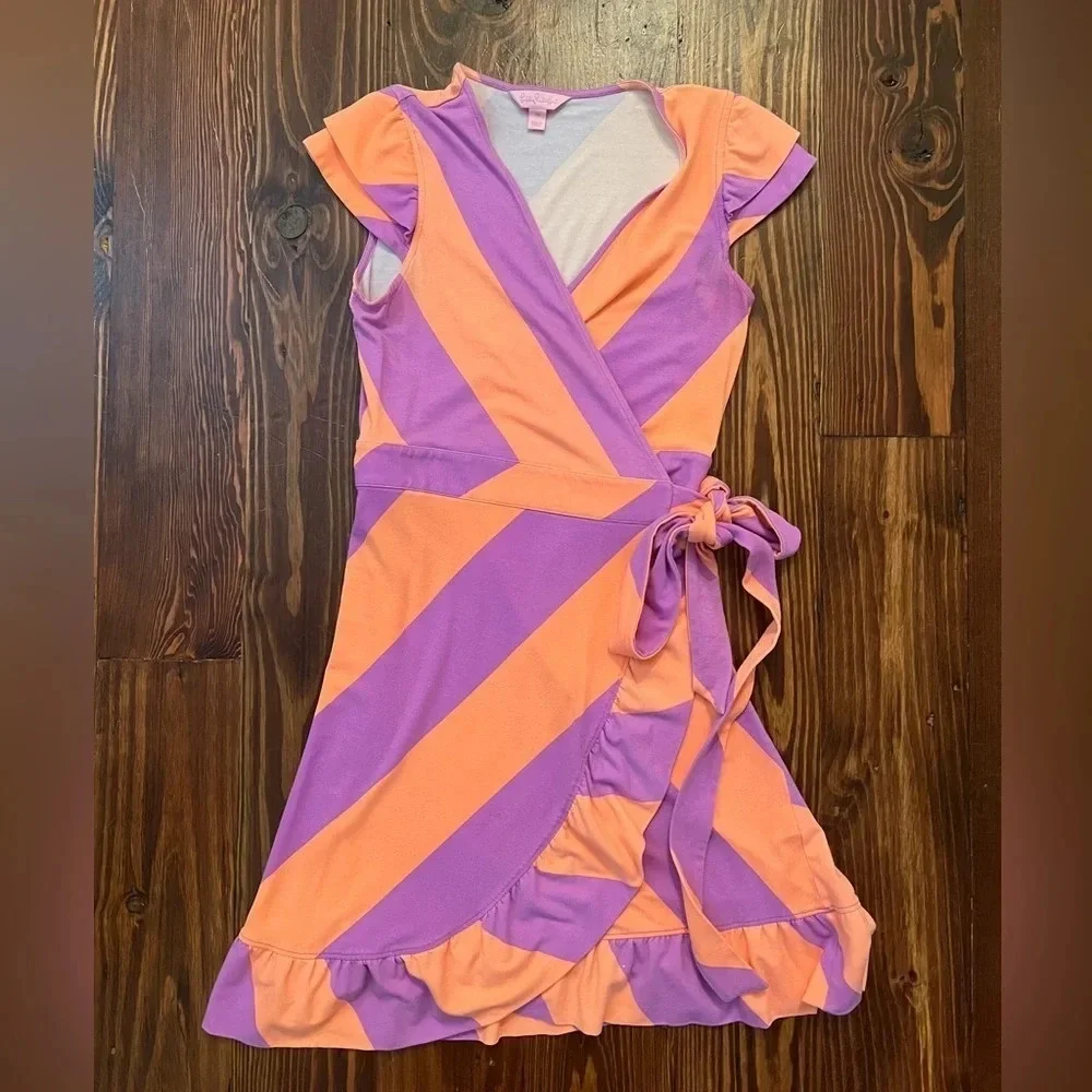 LILY PULITZER Adriel Ruffle Striped Flutter Sleeve Wrap Dress Purple & Orange - Picture 2 of 9